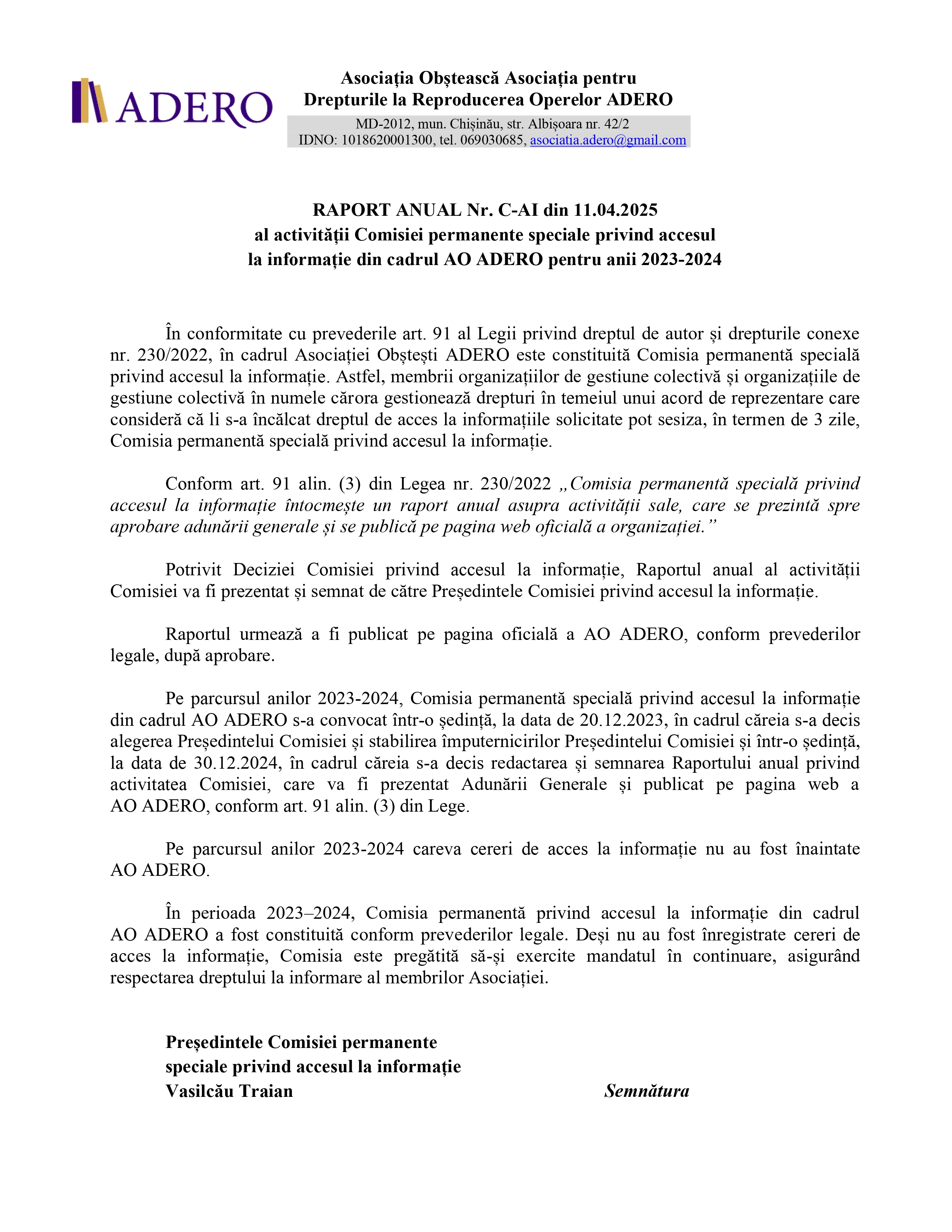 Raport anual al activității Comisiei permanente speciale privind accesul la informații